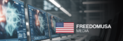 ideogram v3.0 wide cinematic banner for a technology and ai channel called freedomusa media mo 1