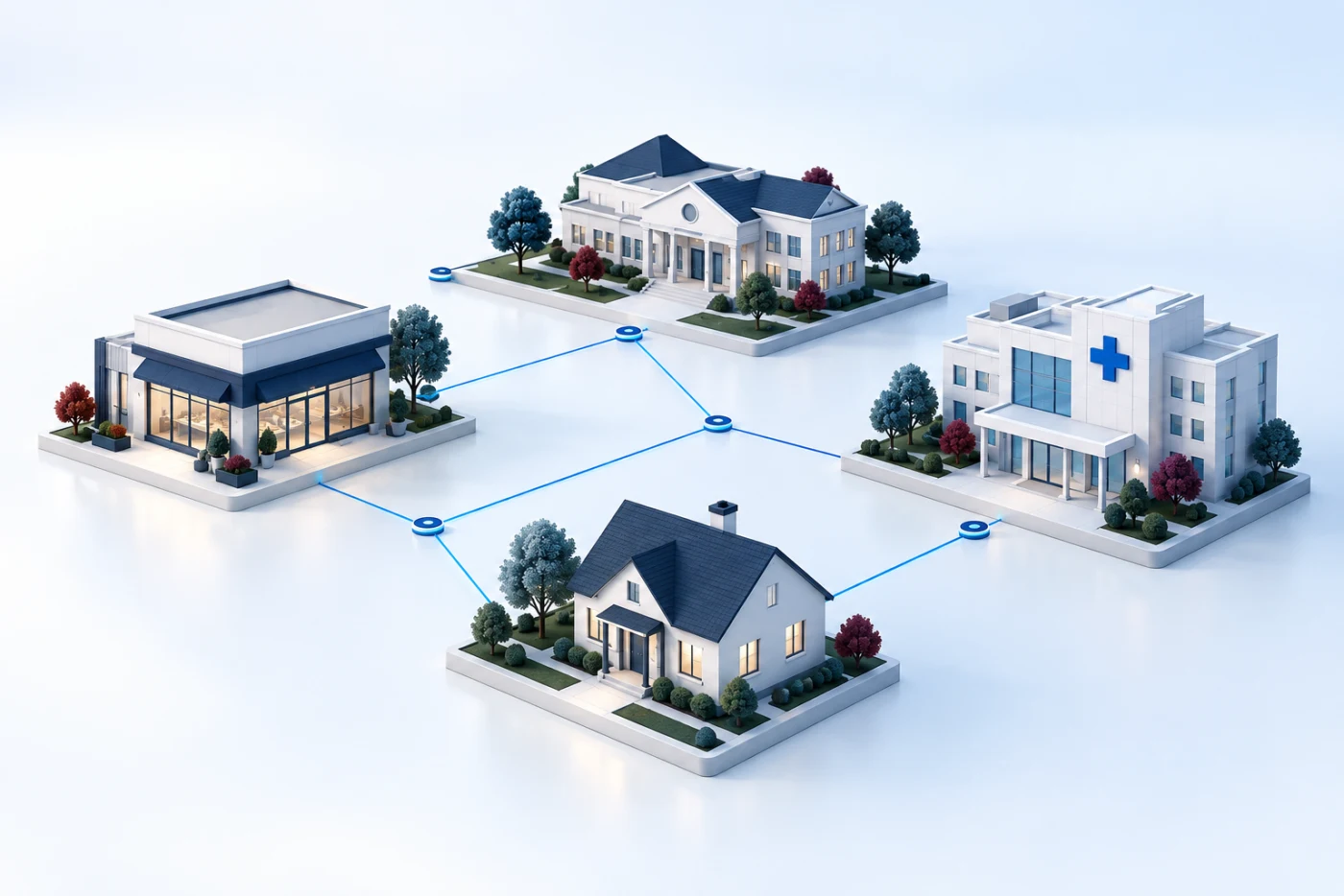 Conceptual illustration of businesses, homes, education and healthcare connected by technology.