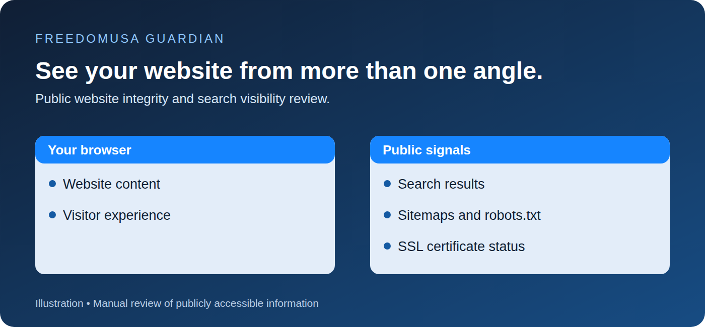 Illustration comparing website content seen in a browser with public search results, sitemaps, robots.txt and SSL certificate signals.