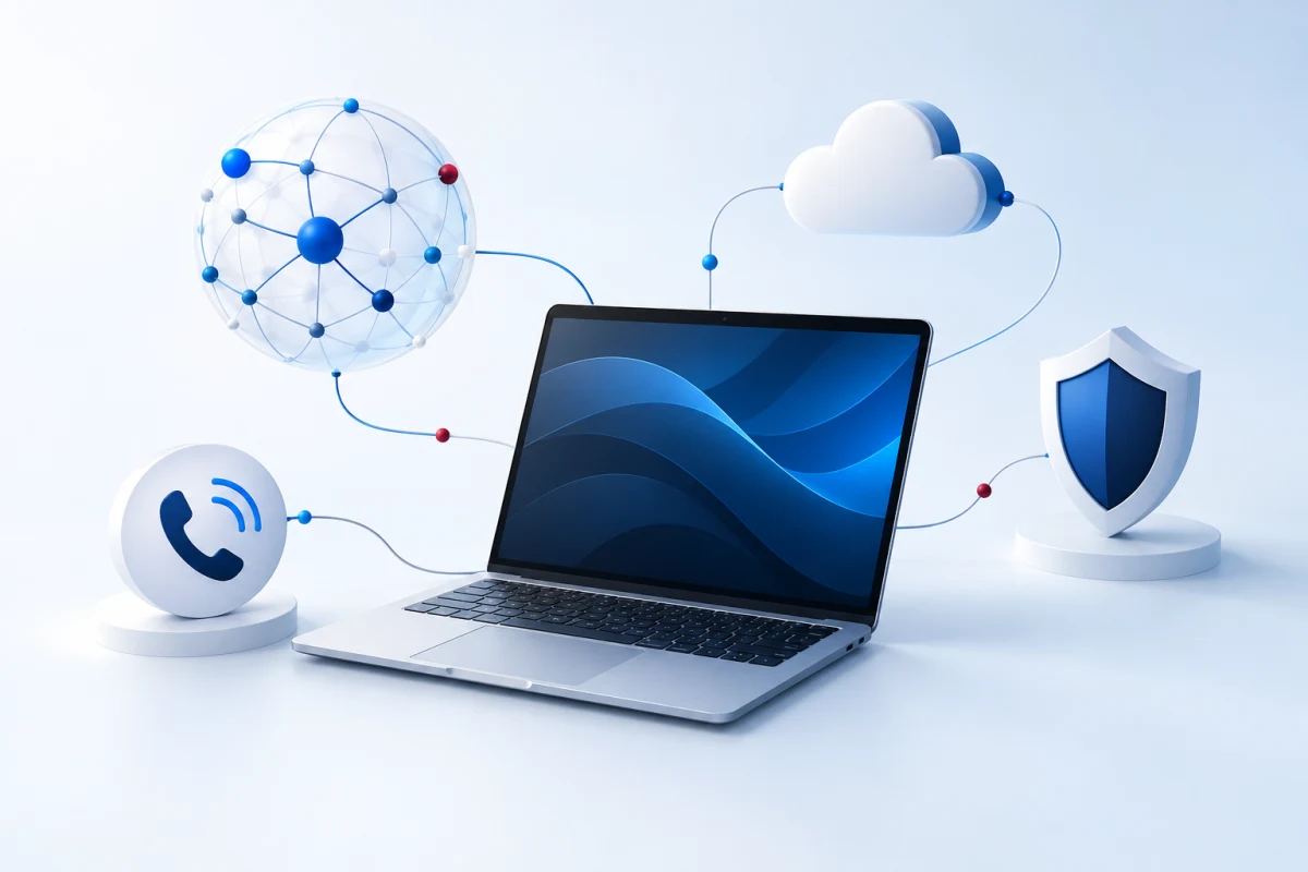 Illustration of a laptop connected to AI, cloud, cybersecurity and business communications.